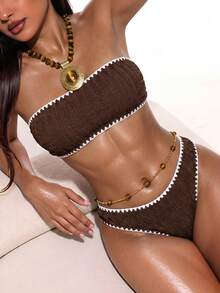 Swim Basics 2pcs Women Textured Bandeau Bikini Set, Suitable For Summer Beach Vacation - Brown - View 1