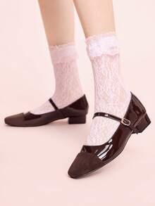 CUCCOO DOLLMOD 复古方头拼接玛丽珍鞋 女款 法式单字扣 天鹅绒气质粗跟通勤高跟单鞋 - 棕色 - 查看 3