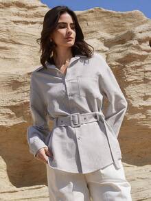 Dazy-Less Women's Business/Casual Striped Cinched Waist Long Sleeve Shirt, Suitable For Spring And Summer - Grey - View 4