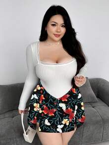 Flirla Plus Size V-Waist Front Slit Butterfly Print Culottes For Women - Multicolor - View 5