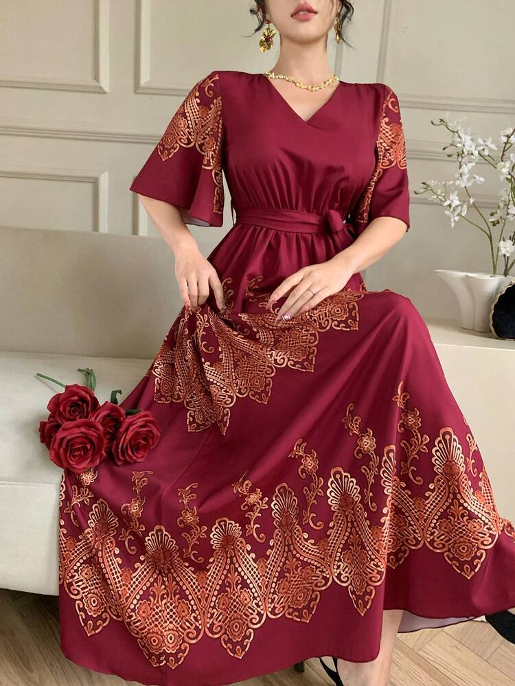 V-Neck Printed Long Casual Dress For Women Dress Sundress