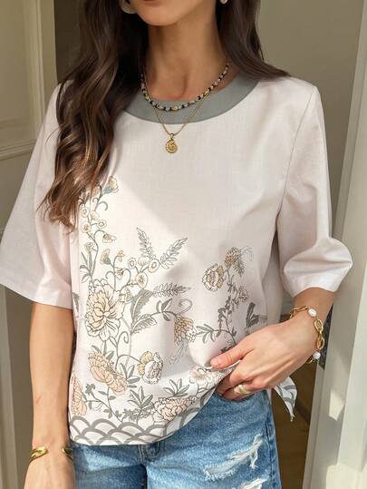 Vivie Lora Women's Loose Fit Colorblock Floral Print Shirt