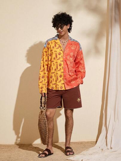 Felipe Marques Camisa de manga larga con parches de flores y flores de anacardo, contraste de colores, corte holgado, informal para primavera, otoño, invierno, fiesta, vacaciones, resort de playa, estilo bohemio