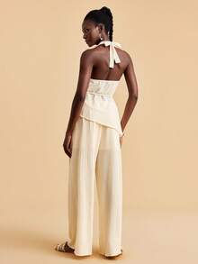 Travachic 2pcs/Set Halter Neck Draped Backless Top & Pants - Apricot - View 2