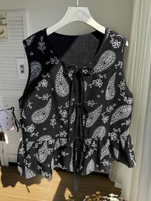 SHEIN EZwear Camisa de chaleco con estampado de anacardo negro de estilo casual de vacaciones, parte superior de paisley con lazo para mujer de talla grande, nuevas llegadas de blusas de verano casuales y elegantes para mujer - Negro - Ver 11