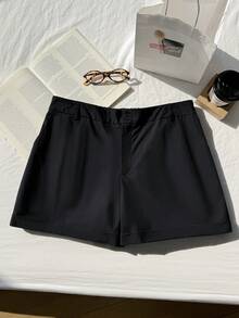 SHEIN EZwear Short décontracté unicolore avec poches, adapté pour le printemps et l'été, grande taille - Noir - Voir 6