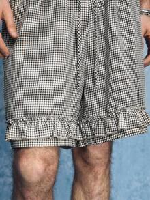 ROMWE MEN Street Life Men's Fine Plaid Drawstring Waist Pocket Ruffle Hem Casual Shorts - Black - View 2