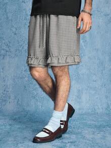 ROMWE MEN Street Life Men's Fine Plaid Drawstring Waist Pocket Ruffle Hem Casual Shorts - Black - View 6