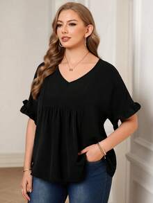EMERY ROSE Plus Size Women's  Vacation Casual Dark Blue Mom Shirts With Ruffled Sleeves For Summer - Black - View 1