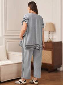 Rosumi Plus Size Striped Patchwork T-Shirt + Pants, 2 Pieces Set In Grey Versatile For Daily Use, Fashionable Commuting, Simple And Fashionable, Summer Outfits - Light Grey - View 3