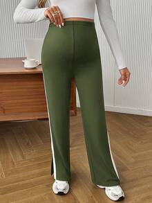 SHEIN Legging Hamil Nyaman Kasual Warna Kontras Pinggang Elastis dengan Belahan - Hijau Tentara - View 5