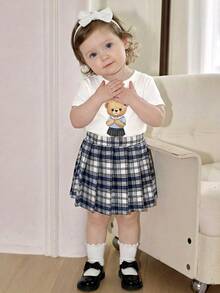 Souflis Souflis 2pcs/Set French Style Casual School Girl White Round Neck Cute Bear Graphic T-Shirt & Khaki Plaid Skirt Outfit, Suitable For School, Leisure, Home And Other Occasions, Girls - Multicolor - View 5