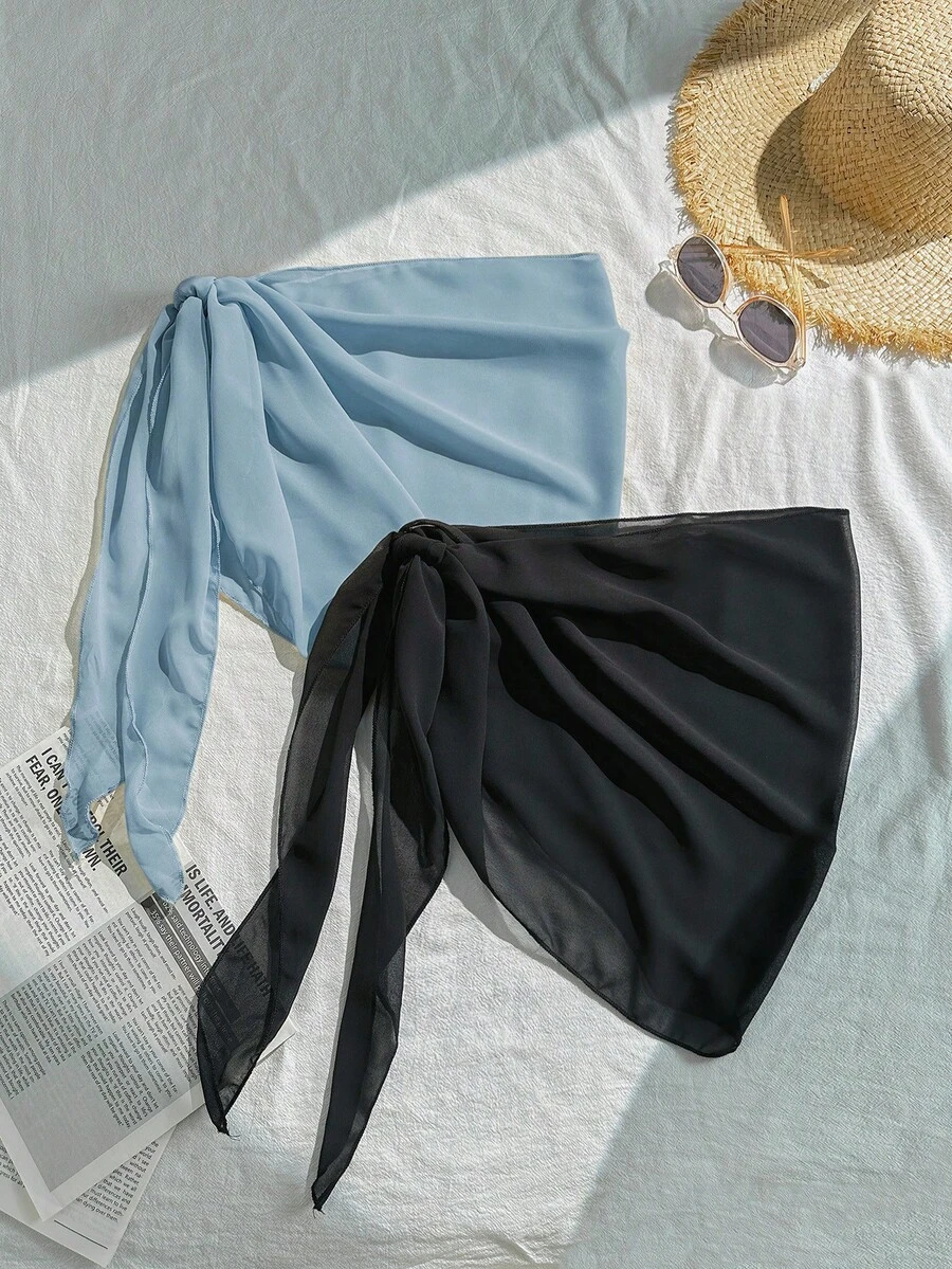Swim Basics 2pcs/Set Solid Color Tie-Up Beach Cover-Up - Blue - View 1