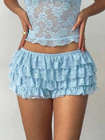 Aloruh Women's Sexy Punk Rock Bohemian Music Festival Y2K Black Lace Ruffle Hem Super Short Shorts, New Lace Ultra Low Waist Shorts