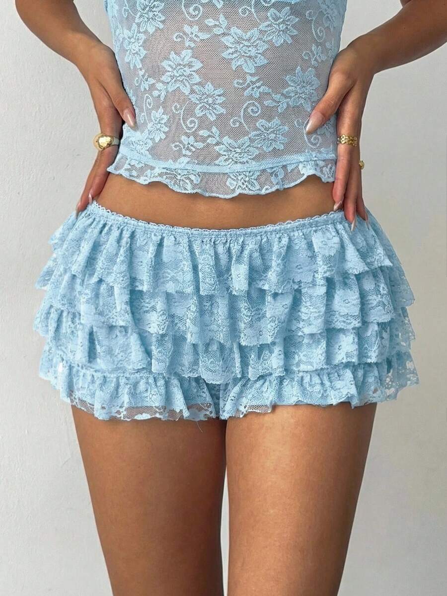 Aloruh Quần short nữ gợi cảm phong cách Punk Rock Bohemian Y2K với ren đen xếp nếp ở gấu quần, quần short cạp siêu thấp bằng ren mới. - Màu xanh lam - Xem 1