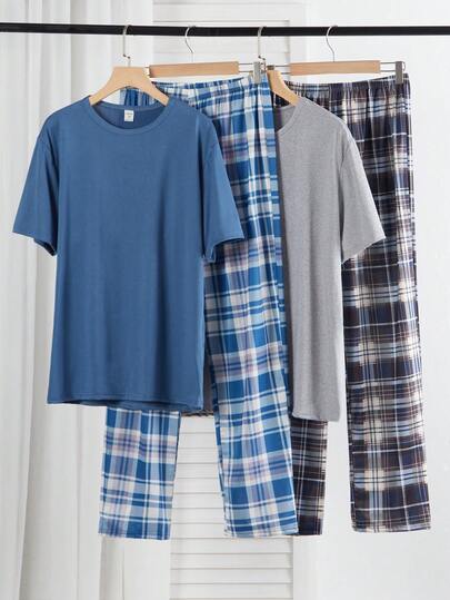4 piezas Conjunto de pijama para adolescentes, parte superior de manga corta en negro y gris jaspeado y pantalones a cuadros, tela suave y cómoda, diseño minimalista, elástica y transpirable, lavable a máquina (se venden 2 conjuntos por separado)