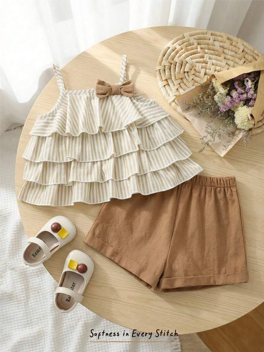 Cozy Pixies 2pcs Baby Girl Vacation Striped Ruffle Layered Camisole Top And Elastic Waist Shorts Set - Khaki - View 1