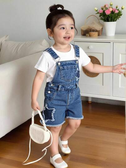 Young Girls Denim Jeans, New Spring/Summer Design, Girls Denim Bib Shorts, Light Blue Washed Denim Color, Casual & Cute, Star Embroidery, Soft & Comfortable, Suitable For School, Outdoor Activities And More Denim Overalls Kids Denim Jumpsuit For Kids