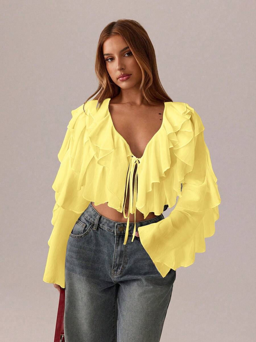 SHEIN SXY Áo đen; Trang phục nữ mùa thu; Áo croptop; Áo dài tay gợi cảm màu đen lưới xuyên thấu, dây đeo hình lá sen, cổ chữ V sâu dành cho nữ, thích hợp cho các buổi tiệc tùng, lễ hội. - Màu vàng - Xem 1