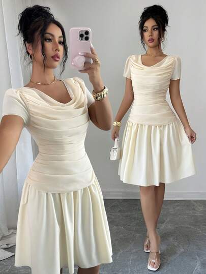 Elenzga Vestido corto de manga corta con cuello drapeado, cintura con volantes y ajustado, de gasa, para salidas de verano, citas, Año Nuevo, San Valentín, Pascua, Día de la Madre, festivales de música, estilo de Oriente Medio, bodas, elegante, vintage, casual, minimalista, romántico, vacaciones, color albaricoque