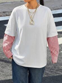 Muchica Women's New 2 In 1 Round Neck Loose Long Sleeve T-Shirt Striped Long Sleeve Summer Long Sleeve Tops Summer Modest Tops - Multicolor - View 6