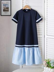 Genkimix Kids 少女条纹印花撞色格纹荷叶边下摆罩衫连衣裙 - 寶藍色 - 查看 1