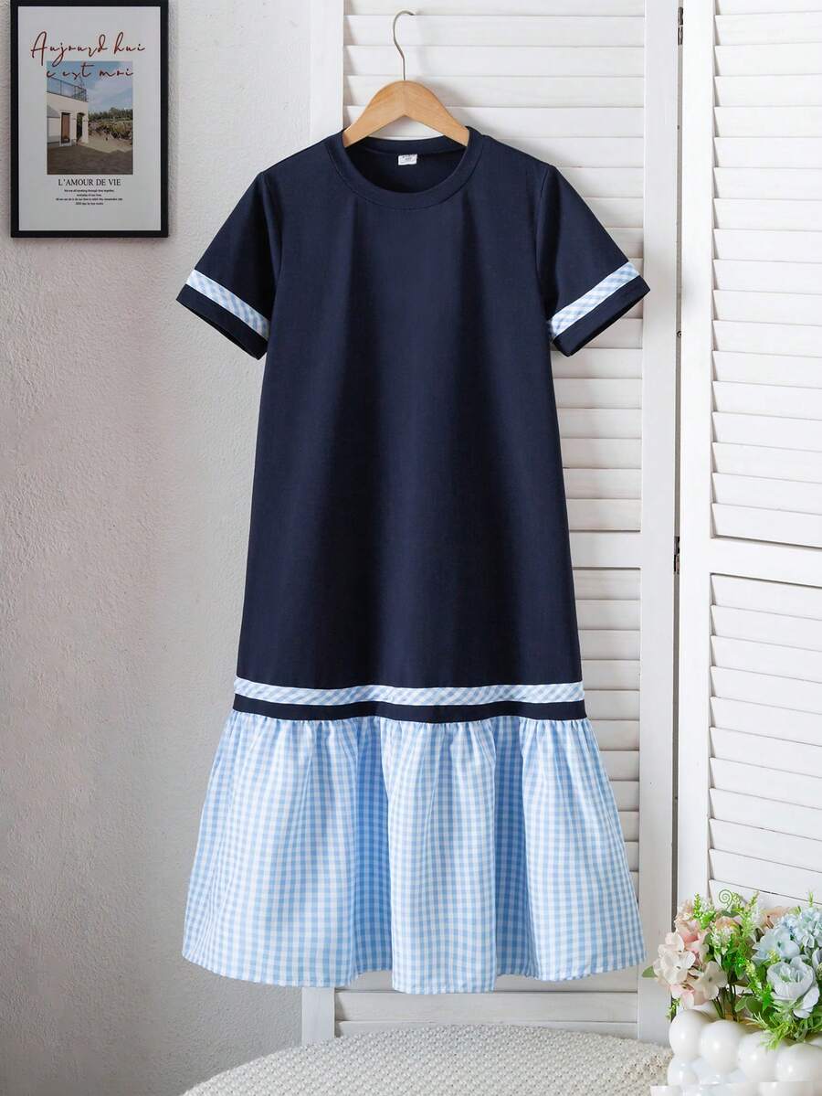 Genkimix Kids 少女条纹印花撞色格纹荷叶边下摆罩衫连衣裙 - 寶藍色 - 查看 1