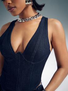 Denimoi Stretch Denim Lace Up Back Corset Top Sexy Denim Tops Denim Corset Denim On Denim Fashionable - Dark Wash - View 3