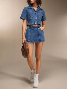SHEIN 女士牛仔两件套短裙和露脐衬衫款式牛仔套装 - 中等水洗藍 - 查看 1