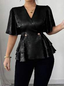 Elenzga 交叉绑带金属金色面料加大码法式优雅通勤荷叶袖小众设计聚会婚礼派对短袖修身腰部上衣荷叶边上衣女式上衣优雅黑色女式上衣缎面女式上衣荷叶边上衣优雅女式上衣女式荷叶边上衣女式短袖上衣女式衬衫高贵典雅 - 黑色 - 查看 6