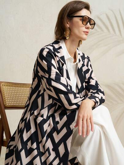 Airaco Women's Lapel NeckLong Sleeve Geometric Print Elegant Commuter Jacket