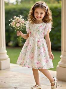 Young Girl Cute & Elegant White Floral Print Cutout Cap Sleeve Dress - Apricot - View 8