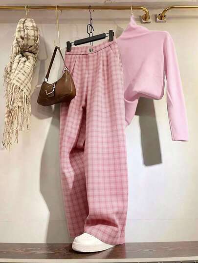 SHEIN Franclia Autumn & Winter New Collection: Retro Brown Turtleneck Skin-Soft Long-Sleeve Base Top + British Plaid Regular-Waisted Straight-Leg Trousers Two Pieces Set, Women's Fashion-Forward Commute Ensemble For Slimming & Elegance