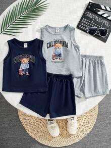 4 pièces Ensemble débardeur et short imprimé ours et lettres pour bébé garçon, 2 pièces - Multicolore - Voir 1