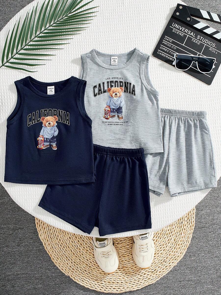 4 pièces Ensemble débardeur et short imprimé ours et lettres pour bébé garçon, 2 pièces - Multicolore - Voir 1
