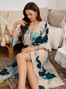 SHEIN Bata de mujer con estampado de hojas, cuello en V y cintura ceñida, de manga corta - Multicolor - Ver 6