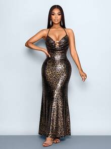 SOLERSUN Fashionable Leopard Print Backless Halter Dress For Party Club Night Black Summer - Black - View 3