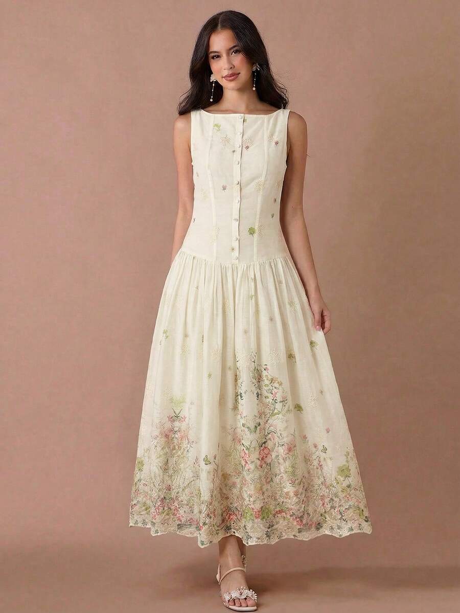 Enchnt 女士花卉刺绣船领纽扣半开襟无袖优雅连衣裙 - 綠色 - 查看 1