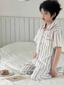 DAZY Tween Boy Striped Short Sleeve Single-Breasted Pocket Top And Pants Pajama Set - White - View 1