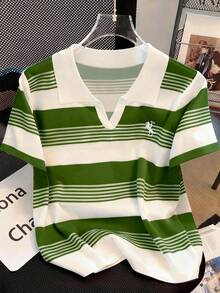 Resyla Striped Digital Print, Embroidered Minimalist Style Women's Polo Shirt, Gift For Friends - Multicolor - View 3