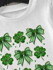 Young Girl Casual Minimalist Fashion Short Sleeve T-Shirt, St. Patrick's Day Bow Design Pattern, St. Patrick's Day T-Shirt, Clover Bow, Fashionable Round Neck Short Sleeve T-Shirt Suitable For Spring And Summer, Comfortable And Relaxed, Summer Wear, Casual Fashion, Spring And Summer Street Wear, Outdoor Picnic, Street Photography, Campus, Holiday, Gift - White - View 3