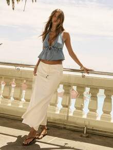 Aralina Lightweight Woven Fabric Halter Neck Deep V Drawstring Detail Flowy Hem Relaxed Fit Cute Summer Outfits Women Vacation Top - Light Wash - View 7