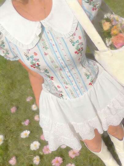 SHEIN MOD 条纹花卉印花彼得潘领修身泡泡袖短袖衬衫，适合花园茶会、约会、派对、女士春夏服装、春假、度假、野餐、节日、生日等场合。