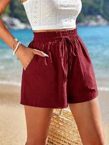 Travachic 女士夏季休闲纯色抽绳腰短裤 - 紅色 - 查看 5
