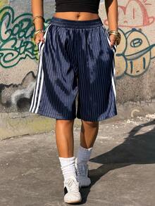 Muchica 女士编织带拼接休闲宽松百慕大短裤 - 寶藍色 - 查看 1