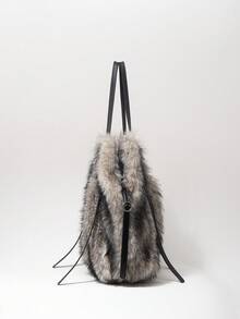 ROMWE Grunge Punk Ladies, Women Shoulder Bag,Hobo Bag,Plush Bag,Faux Fur,Plush,Fur & Fuzz,Fashionable,Personalized,Versatile,Street,Sweet And Cool Girls,Hot Girls,Y2k,Punk,Autumn And Winter(Random Pattern) - Black apricot - View 4