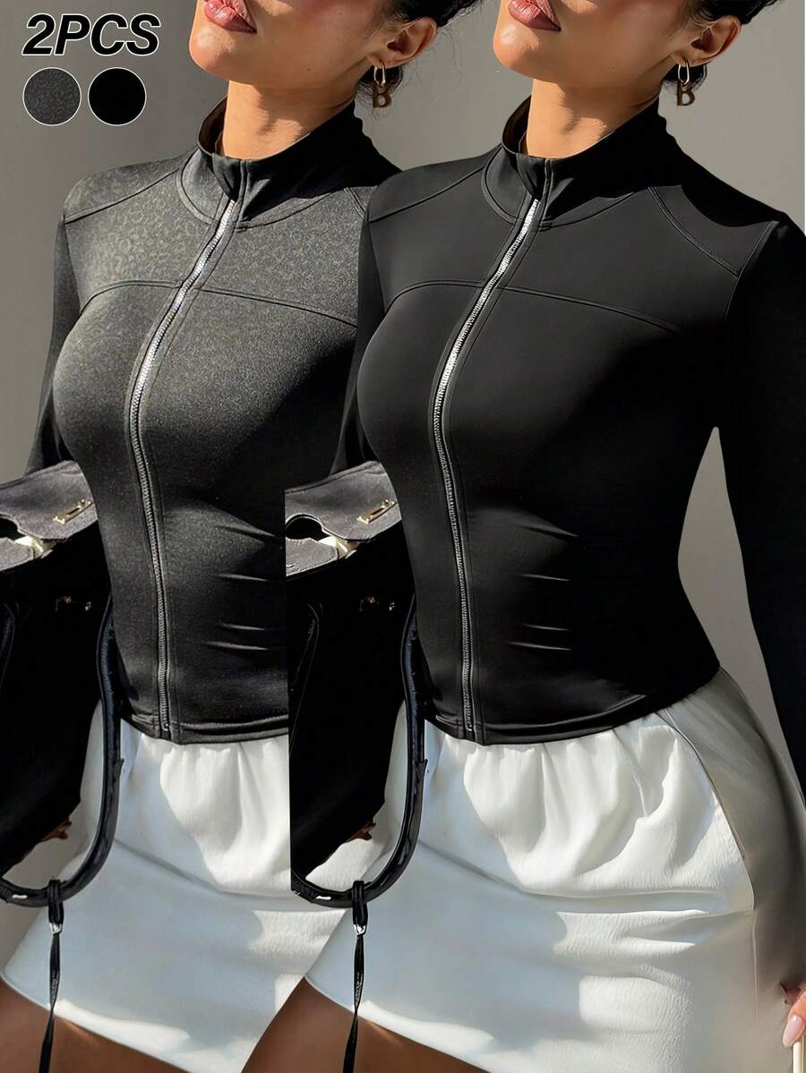 Velisys 两件套女士秋冬运动外套套装，包括一件黑色立领全拉链长袖豹纹修身夹克和一件纯黑色运动夹克，适合日常休闲、跑步、瑜伽、健身、网球、高尔夫等各种运动场合。 - 黑色 - 查看 1