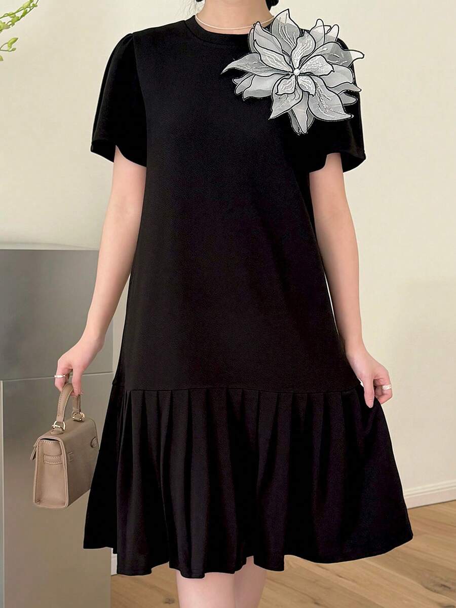 SHEIN 少女黑色中长款短袖优雅连衣裙，适合外出、上学和聚会，春夏款 - 黑色 - 查看 1