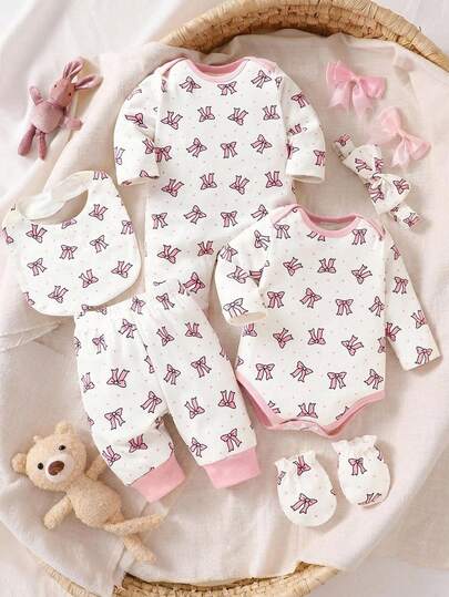 SHEIN Set di 3 pezzi per neonata, con fiocco rosa e stampa floreale, outfit carino