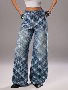 TRNVIE 时尚休闲菱格纹中腰阔腿牛仔裤 - 中等水洗藍 - 查看 1